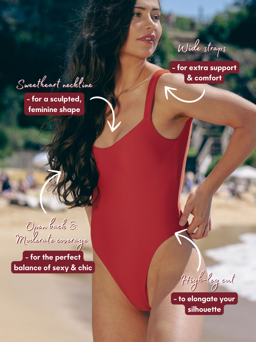 Annotated close-up of Pamela One Piece, highlighting sweetheart neckline, wide straps, and high-leg cut