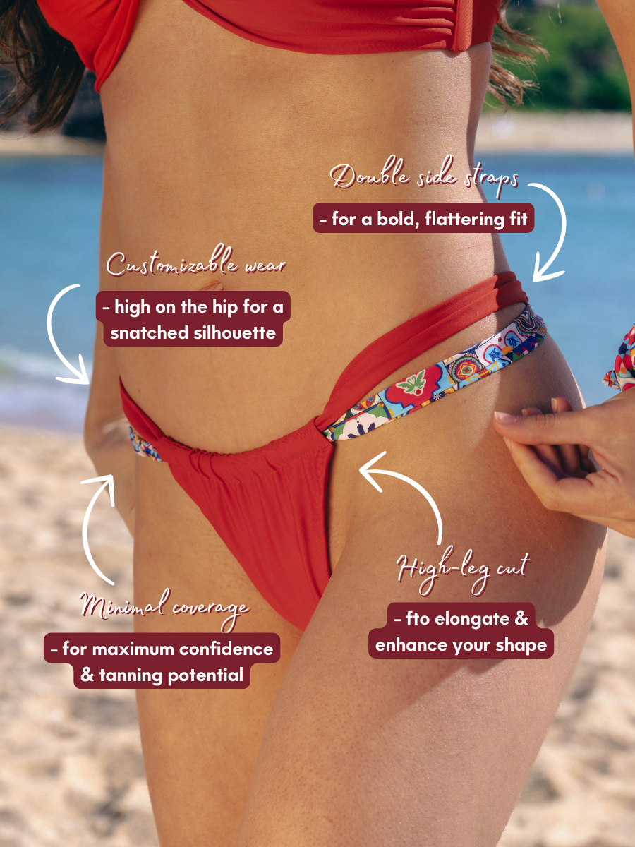 Annotated close-up of Leia Bottom by San Rini Swim, featuring double side straps and sculpted fit