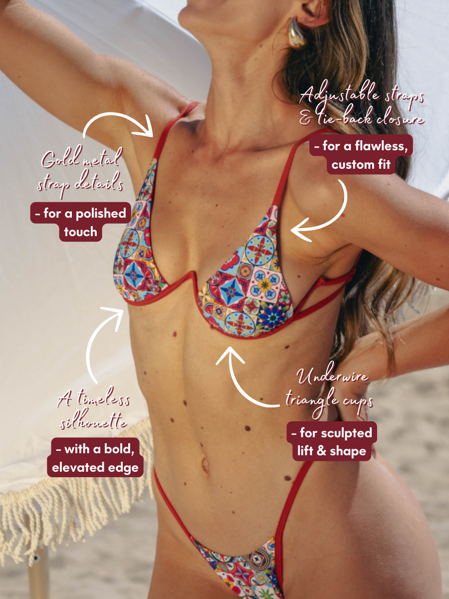 Close-up of Emmily Top by San Rini Swim, showing underwire cups, adjustable straps, and luxe print details