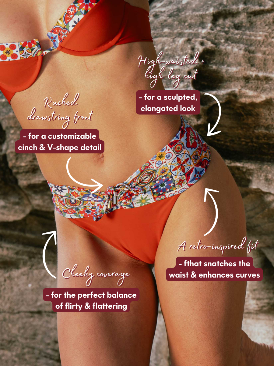 Close-up of Maree Bottom by San Rini Swim, featuring ruched drawstring and mosaic print detail