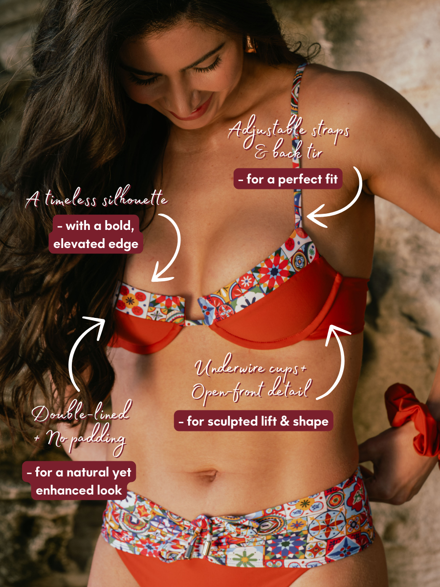 Annotated close-up of San Rini Swim Poppy Top, showing open-front cut and custom tie-back fit
