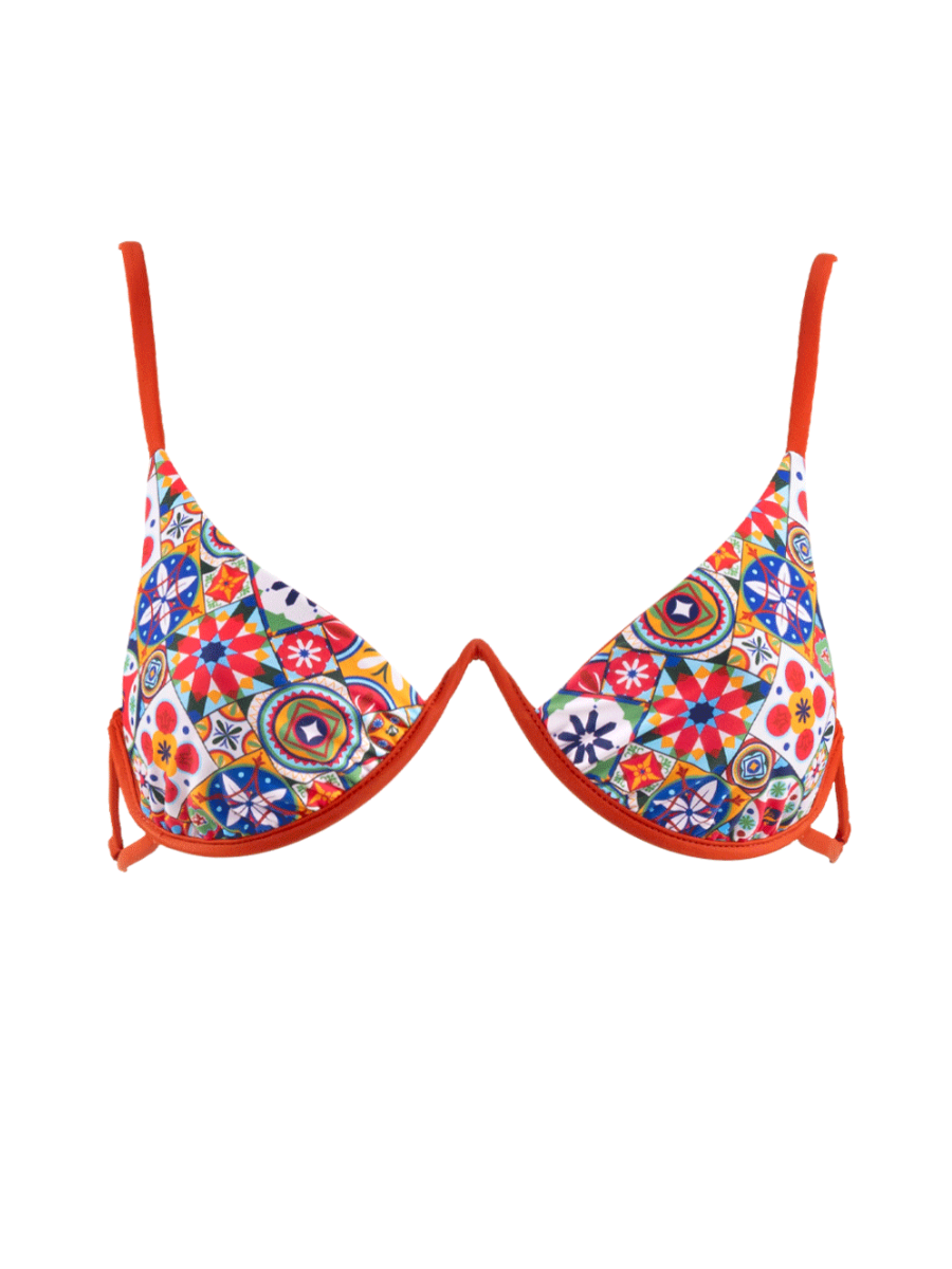 San Rini Swim Emmily Top – Evora print, underwire triangle bikini top with red straps