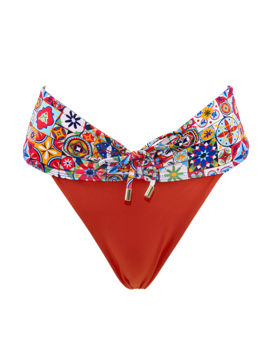 San Rini Swim Maree Bottom in Siena print, high-waisted bikini bottom with ruched drawstring front
