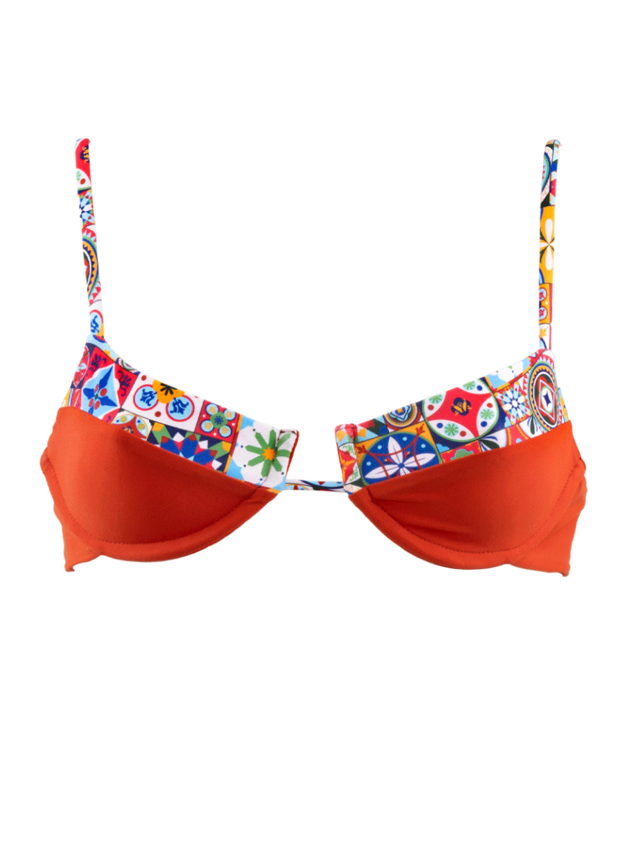 San Rini Swim Poppy Top in Siena print, underwire bikini top with open-front detail and adjustable straps