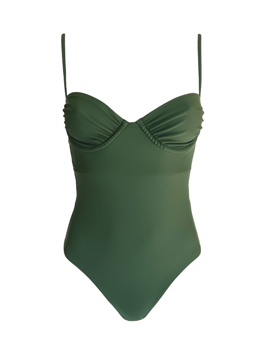 Green one-piece swimsuit with thin straps on a white background
